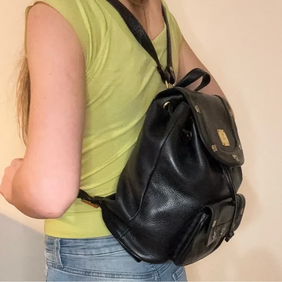 MCM Black Leather Backpack with Gold Accents and draw strings 12"x11" - Picture 13 of 16